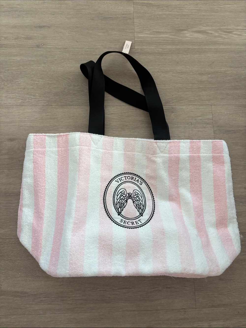 Victoria's Secret Pink and White Striped Tote with Black Handles